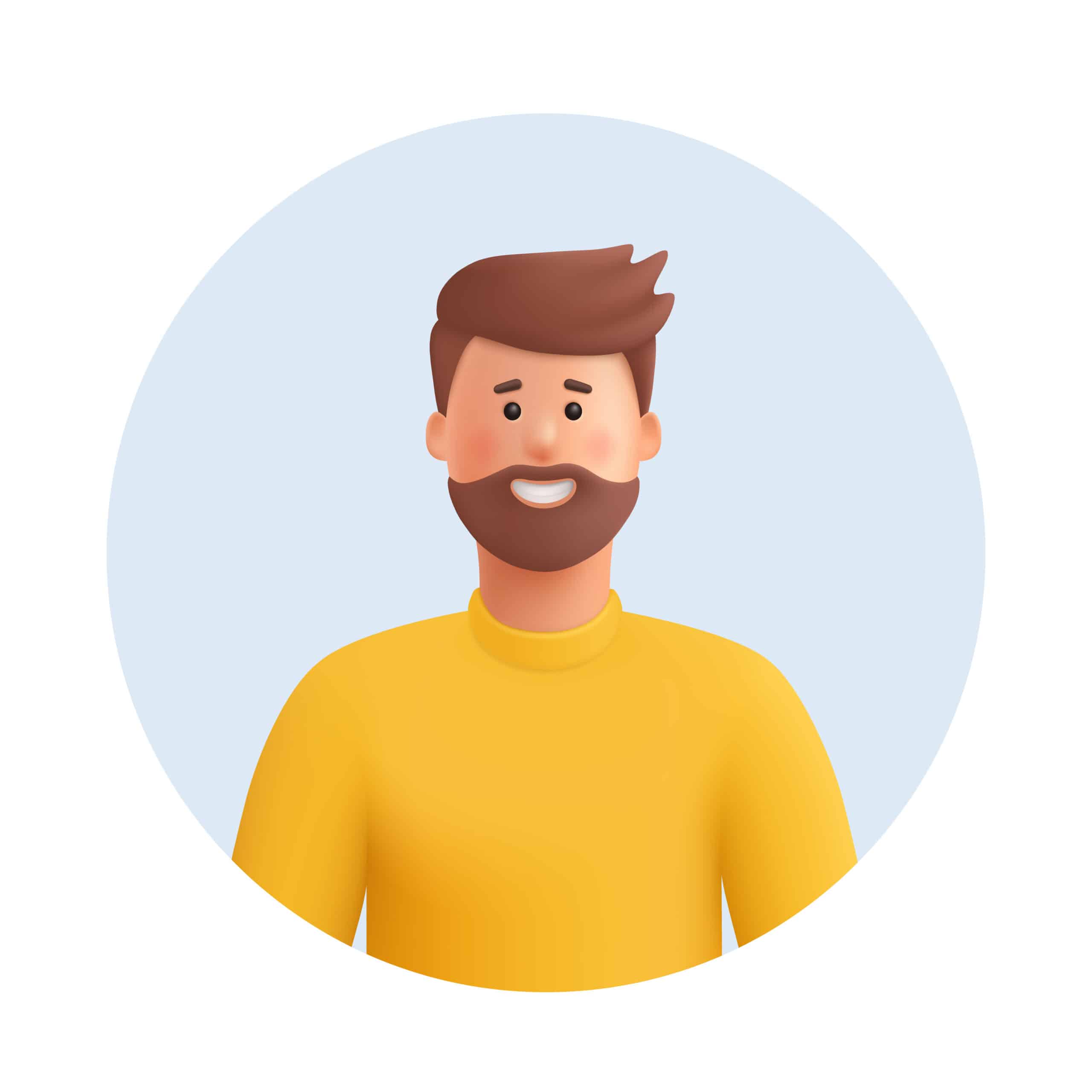Young smiling man avatar. Man with brown beard, mustache and hair, wearing yellow sweater or sweatshirt. 3d vector people character illustration. Cartoon minimal style.